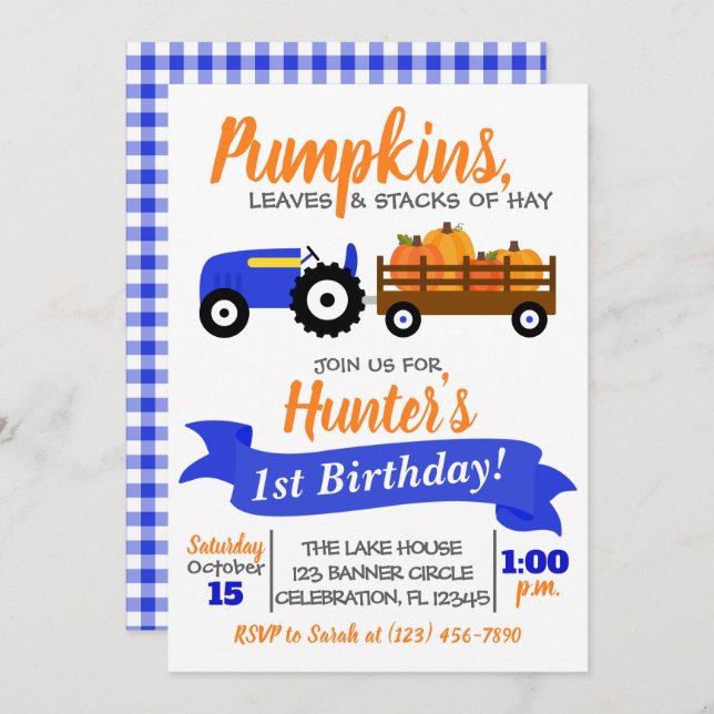 Pumpkin Truck Birthday Einladung - Blue Tractor (Vorne/Hinten)