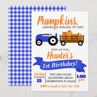 Pumpkin Truck Birthday Einladung - Blue Tractor
