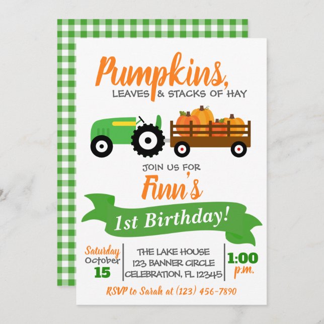 Pumpkin Truck Birthday Einladung - Grüner Traktor (Vorne/Hinten)