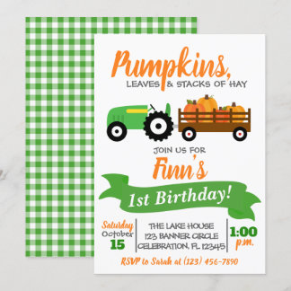 Pumpkin Truck Birthday Einladung - Grüner Traktor