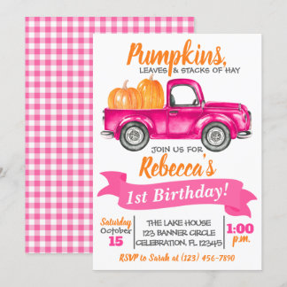Pumpkin Truck Birthday Einladung - Pink Truck