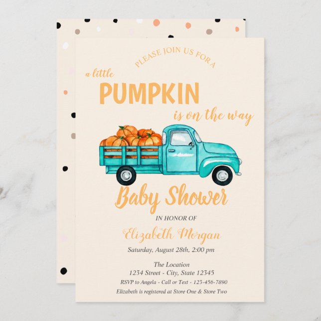 Pumpkin Truck ,Dots Baby Dusche Einladung (Vorne/Hinten)
