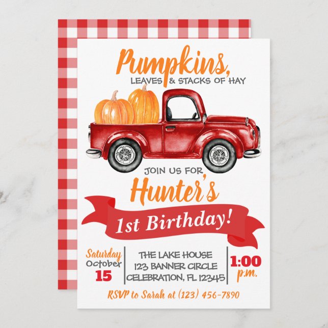 Pumpkin Truck Einladung zum Geburtstag - Red Truck (Vorne/Hinten)