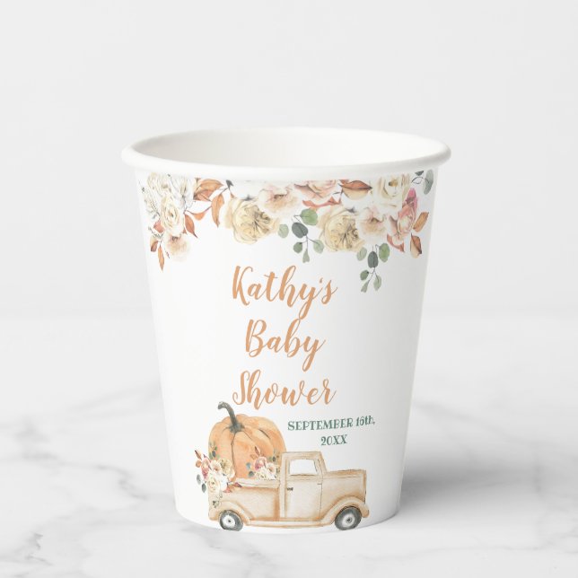 Pumpkin Truck Rustic Floral Baby Dusche Weiß Pappbecher (Vorderseite)