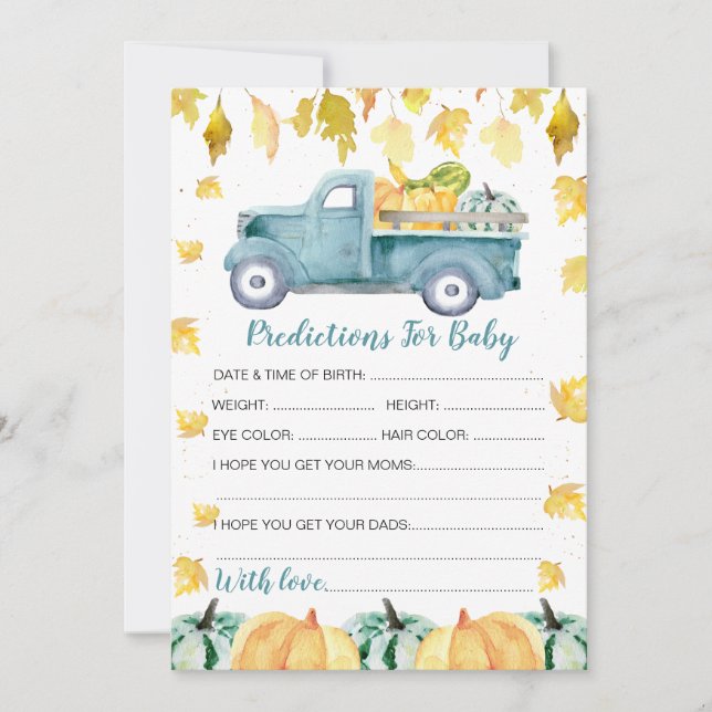 Pumpkin Truck Vorhersagen für Baby Shower Game Einladung (Vorderseite)