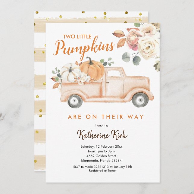 Pumpkin Trucks Floral Baby Dusche Einladung (Vorne/Hinten)