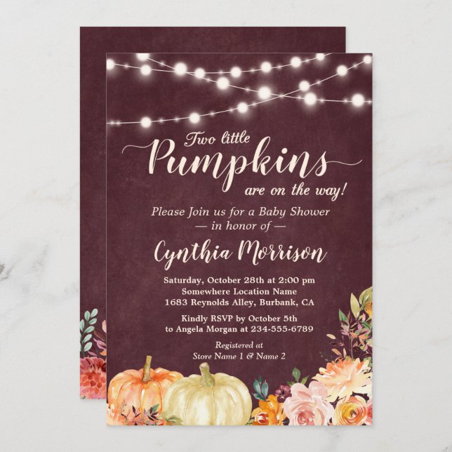 Pumpkin Twins Baby Showsaite Lights Floral Einladung (Vorne/Hinten)