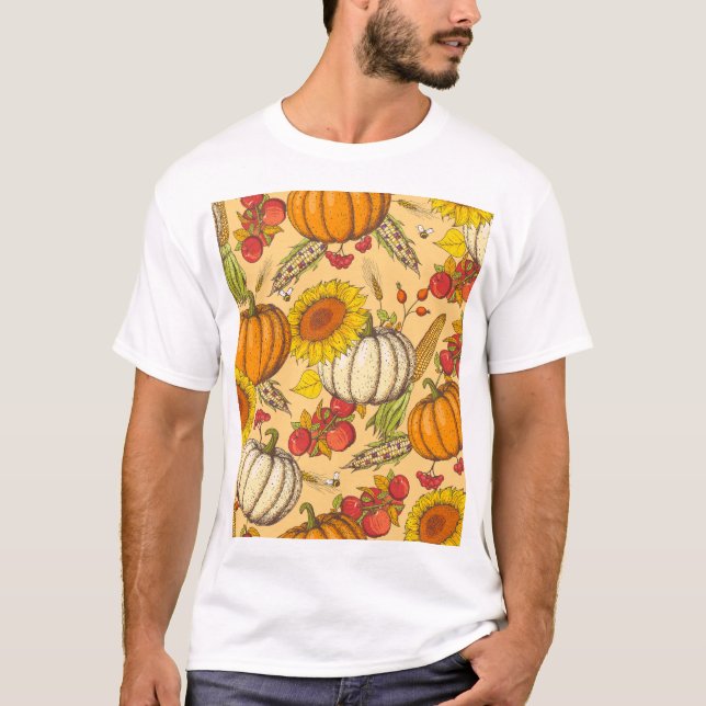Pumpkin und Ahorn Blätter Muster. T-Shirt (Vorderseite)