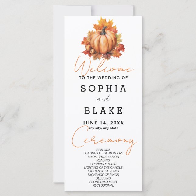 Pumpkin und Blätter Fall White Wedding Programm (Vorderseite)