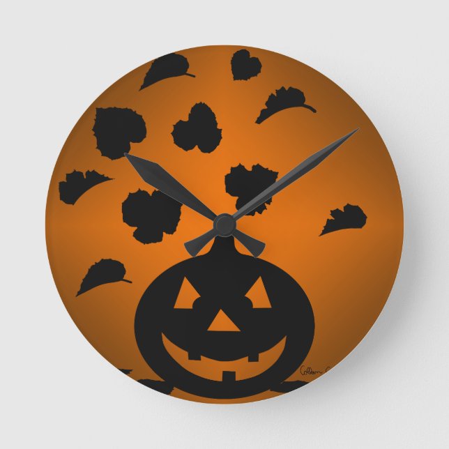 Pumpkin und Blätter Silhouette Runde Wanduhr (Vorderseite)