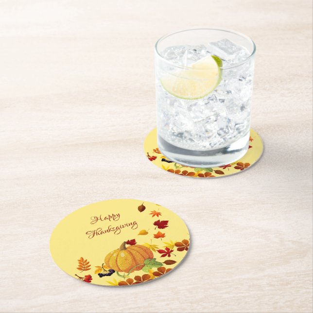 Pumpkin und farbenfrohe Blätter Runder Pappuntersetzer (Vor Ort)