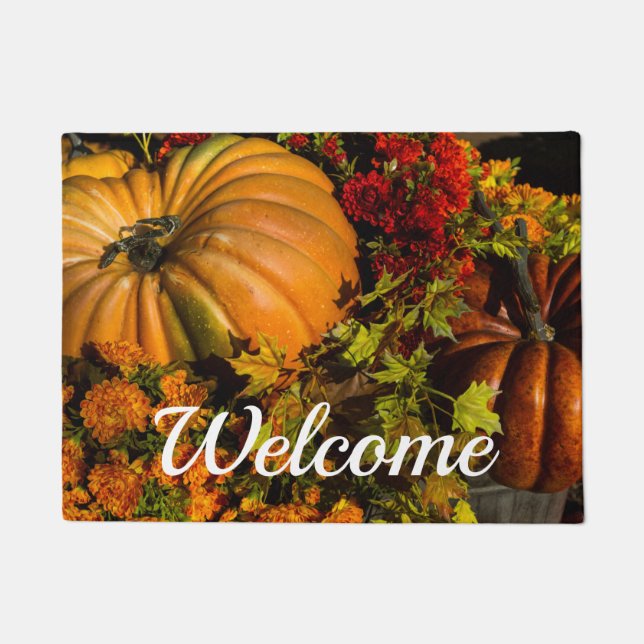 Pumpkin und Mum Arrangement Begrüßung Tür Fußmatte (Vorderseite)