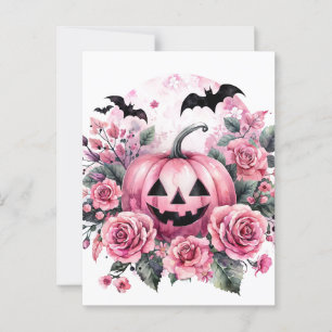 Pumpkin und Rose mit Fledermäusen Pinkoween Postkarte