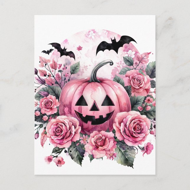 Pumpkin und Rose mit Fledermäusen Pinkoween Postkarte (Vorderseite)