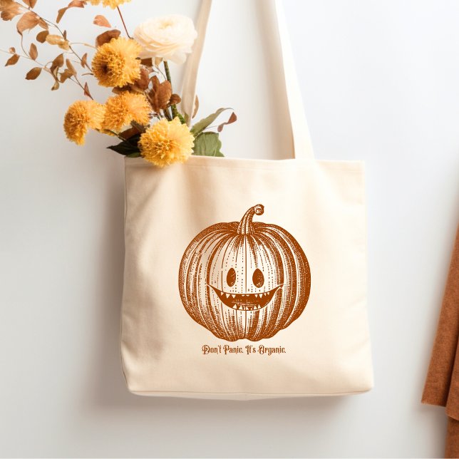Pumpkin Vibes Halloween Don't Panik Es ist Bio Tragetasche (Vintage jack o lantern funny halloween tote featuring the quote Don't Panic It's Organic.)