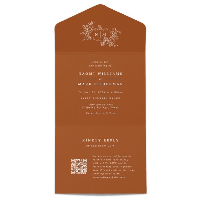 Pumpkin Vines Wedding Monogram with RSVP All In One Einladung (Von Creator hochgeladen)