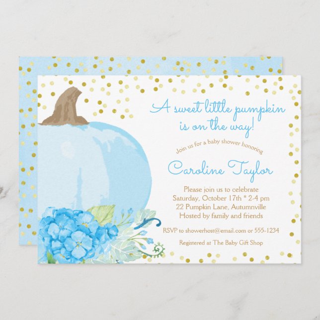 Pumpkin Watercolor Blue Gold Fall Baby Boy Dusche Einladung (Vorne/Hinten)