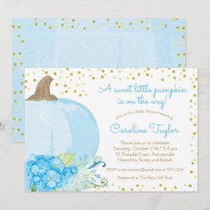 Pumpkin Watercolor Blue Gold Fall Baby Boy Dusche Einladung
