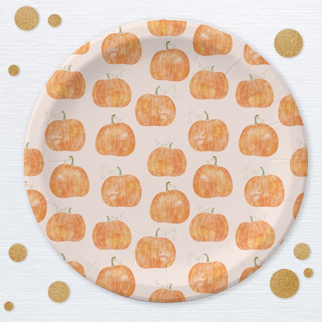Pumpkin Watercolor-Muster Pappteller (Pumpkin pattern watercolor autumn fall party paper plate)