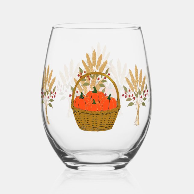 🎃 **Pumpkin & Wheat Stemless Wine Glass Weinglas Ohne Stiel (Vorderseite)