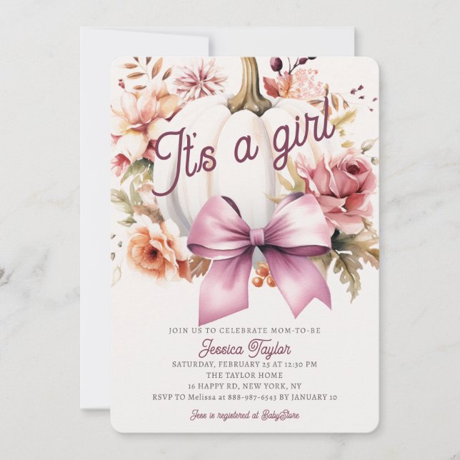 Pumpkin White Pink Ribbon Girl Fall Baby Dusche Einladung (Vorderseite)