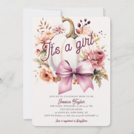 Pumpkin White Pink Ribbon Girl Fall Baby Dusche Einladung