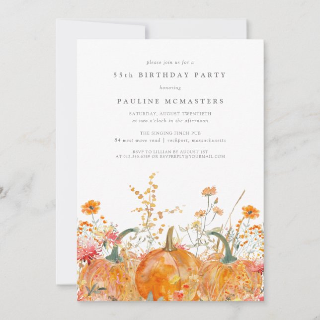 Pumpkin Wildflower Fall Watercolor 55th Birthday  Einladung (Vorderseite)
