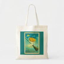 Pumpkin Witch on Broom Trick or Treat Canvas Tote