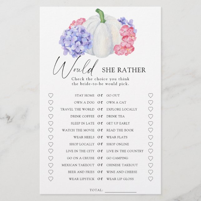 Pumpkin - Würde sie lieber Brautparty-Spiel (Vorderseite)