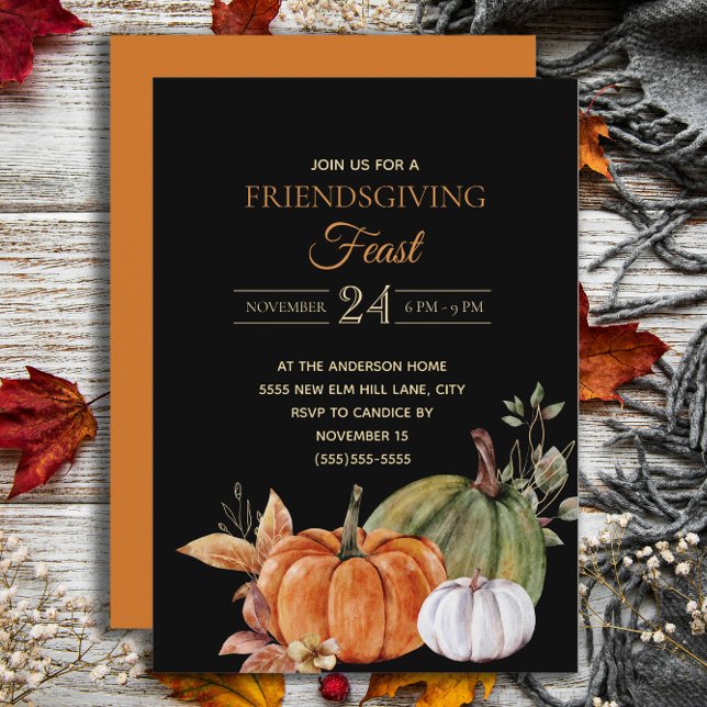 Pumpkins Black Friendsgiving Fest Einladung (Elegant orange and white pumpkins on black Friendsgiving Feast invitation)