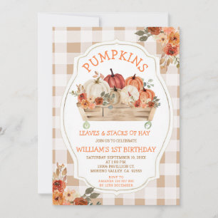 Pumpkins Blätter Hay Herbst Gingham 1. Geburtstag Einladung