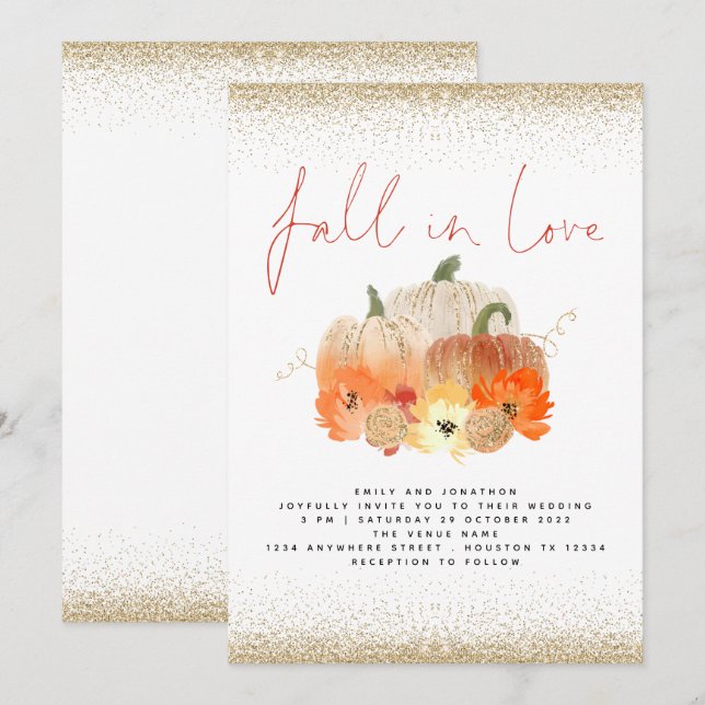 Pumpkins Florals Gold Glitzer Fall in Liebe Hochze Einladung (Vorne/Hinten)