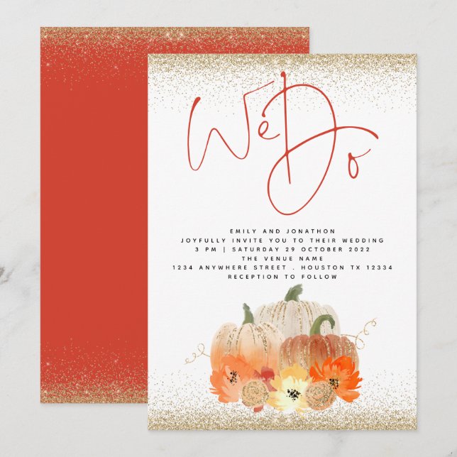 Pumpkins Florals Gold Glitzer Wir machen SkriptWed Einladung (Vorne/Hinten)