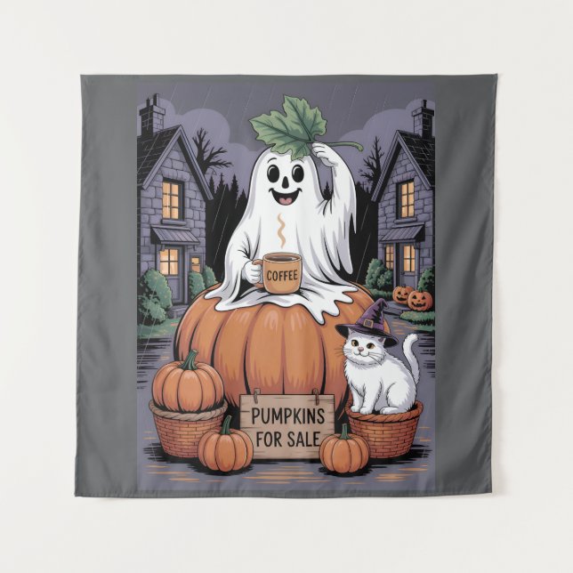 Pumpkins For Sale & Caffeine Ghost & Cat V2 Wandteppich (Vorderseite)