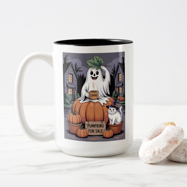 Pumpkins For Sale & Caffeine Ghost & Cat V2 Zweifarbige Tasse (Mit Donut)