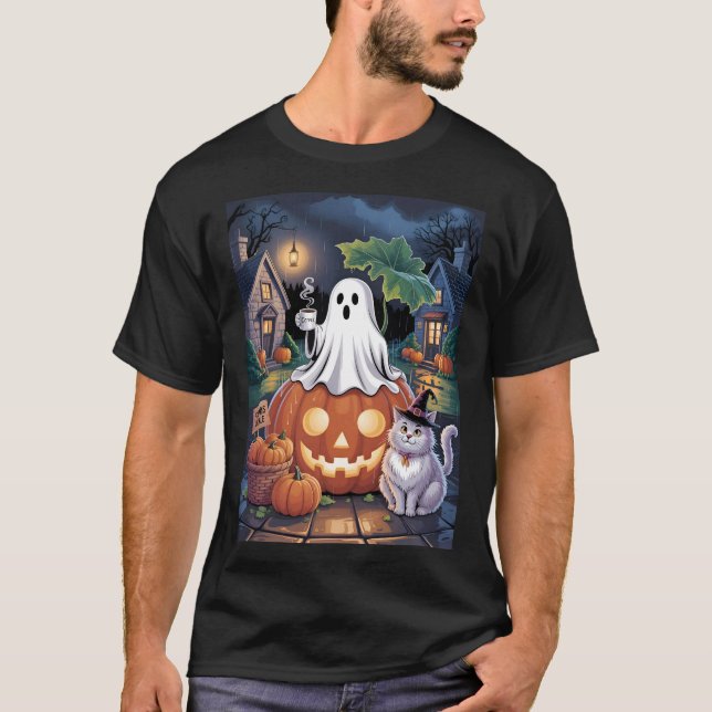 Pumpkins For Sale & Caffeine Ghost With Cat T-Shirt (Vorderseite)