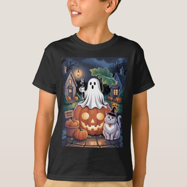 Pumpkins For Sale & Caffeine Ghost With Cat T-Shirt (Vorderseite)