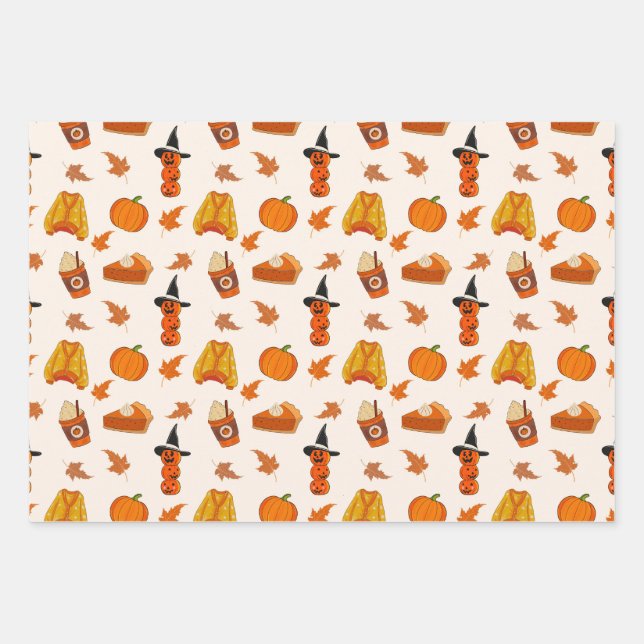 Pumpkins, gemütliche Pullover und Herbstlaub Desig Geschenkpapier Set (Vorderseite)