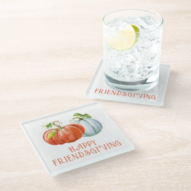 Pumpkins Happy Friendsgiving verbrannte Orange Glasuntersetzer (Schrägansicht)