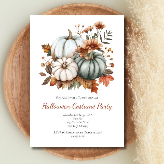 Pumpkins Herbst Blume Halloween-Party Einladung (Pastel Green White Pumpkins Fall Autumn Leaves Flowers Halloween Party invitation. Printed Digital)