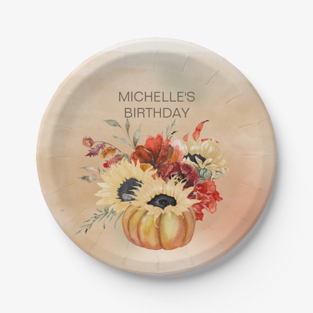 Pumpkins Herbst Herbstflorale Blume Geburtstagspar Pappteller (Vorderseite)