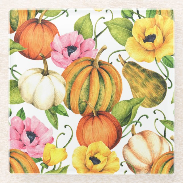 Pumpkins Sonnenblumen: Design des Aquarellmusters Glasuntersetzer (Vorderseite)