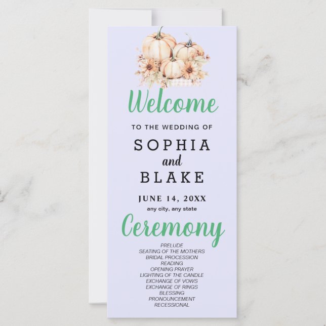 Pumpkins & Sonnenblumen Fall Lila Hochzeitsprogram (Vorderseite)