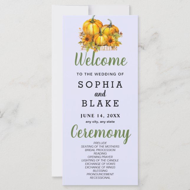 Pumpkins & Sonnenblumen Fall Lila Hochzeitsprogram (Vorderseite)