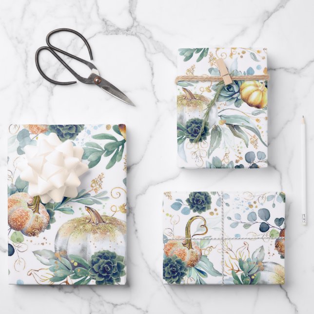 Pumpkins Succulents Gold Grüne Eukalyptus Fall Geschenkpapier Set (Vorderseite)