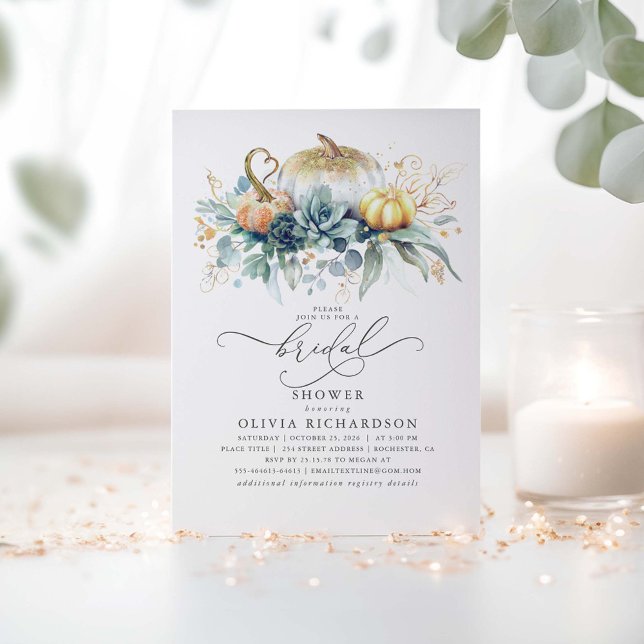 Pumpkins Succulents Grüne Fall Brautparty Einladung (Fall Bridal Shower Invitations with Succulents Greenery and Gold Pumpkins)