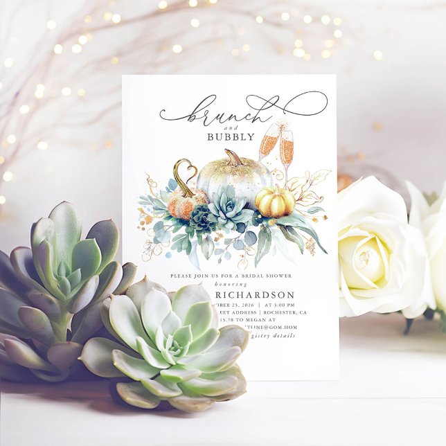 Pumpkins Succulents Grüne Fall Brautparty Einladung (Brunch and Bubbly Bridal Shower Invitations Featuring Pumpkins and Greenery)