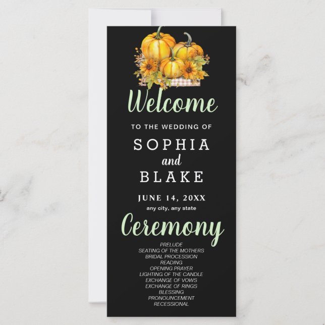 Pumpkins & Sunflowers Fall Black Wedding Program (Vorderseite)