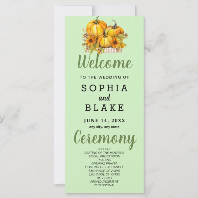 Pumpkins & Sunflowers Fall Green Wedding Program (Vorderseite)