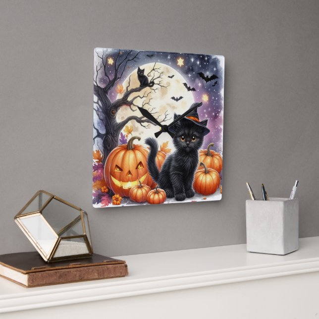Pumpkins und Black Cats Halloween Wall Clock Quadratische Wanduhr (Büro)